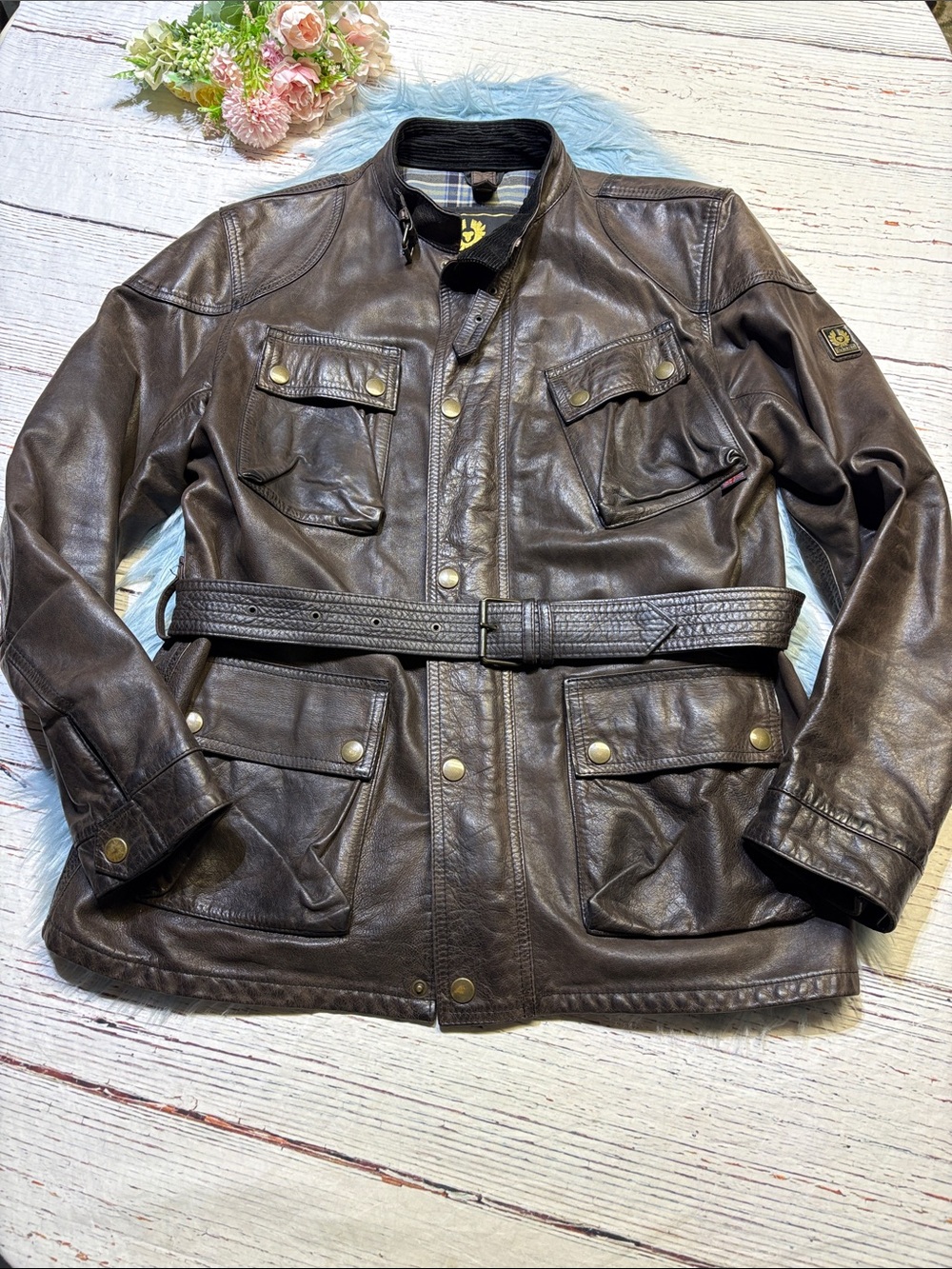 Belstaff Brown Leather Belted Military Field Motorcycle Jacket sz XL